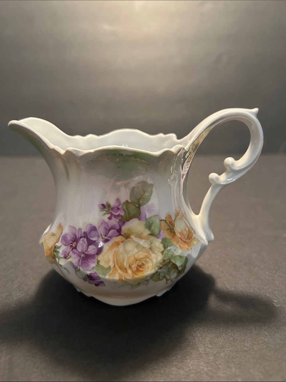 Vintage German Floral Porcelain Creamer Pitcher in Yellow and Purple Roses